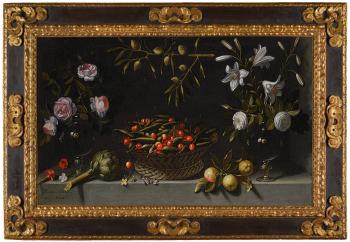 Basket of Peas and Cherries With Vases of Flowers by 
																	Juan van der Hamen y Leon