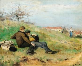 Artists Mathias Schif And Camille Martin Sitting In The Countryside by 
																	Emile Friant