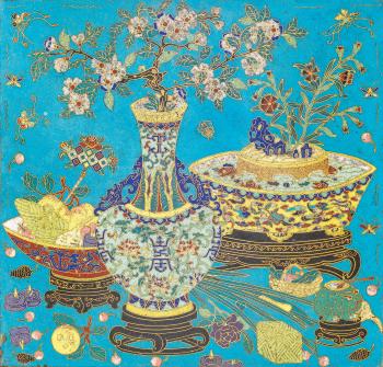 A cloisonne enamel 'hundred Antiques' Panel by 
																	 Qianlong Dynasty