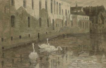 Trois cygnes sur un canal le long des habitations by 
																	Henri Aime Duhem