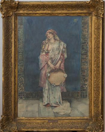 Standing woman with a tambourine by 
																			Joaquin Pallares y Allustante