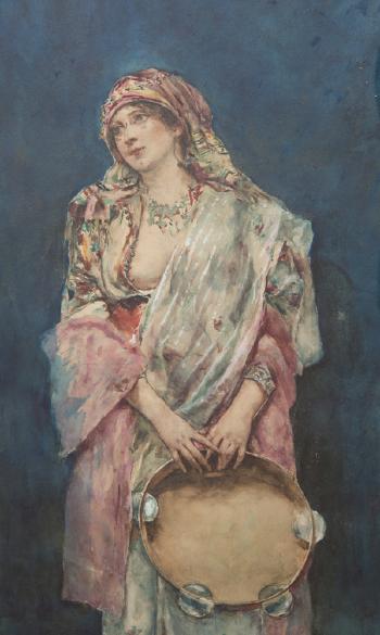 Standing woman with a tambourine by 
																			Joaquin Pallares y Allustante
