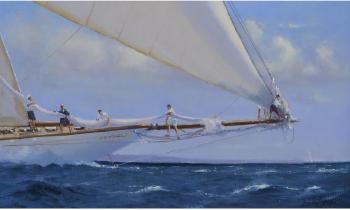 On the bow sprit, taking in the jib by 
																			Brian J Jones