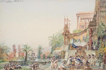 Stage set drawing depicting an Egyptian scene with figures and statues by 
																	Angelo Parravicini
