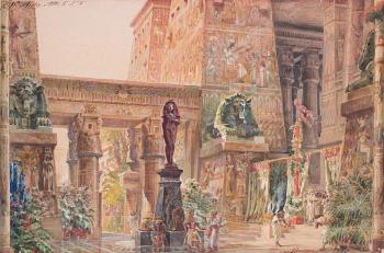 Stage set drawing depicting an Egyptian Garden by 
																	Angelo Parravicini