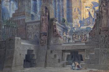 Stage set drawing depicting an Egyptian scene by 
																	Angelo Parravicini