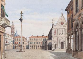 Stage set design: Town Square with churches, palaces and columns by 
																	Carlo Ferrario