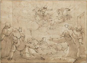 Apparition of Saint Francis in a chariot of fireblack chalk, pen, ink and brown wash by 
																	Giovanni Battista Paggi
