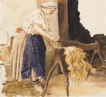 Flax combing by 
																	Adolf Kaspar