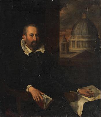 Portrait of the architect, Domenico Fontana (1543-1607), three-quarter-length, seated beside a desk with a book in one hand and a pair of dividers in the other, a view of the dome of Saint Peter's, Rome, beyond by 
																			Pietro Facchetti