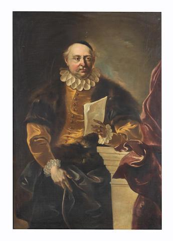 Portrait of a gentleman, three-quarter-length, in a fur-trimmed cloak, holding a letter by 
																	Johann Kupetzki
