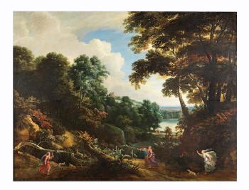 A wooded landscape with Diana and her nymphs hunting a stag by 
																	Jacques d'Arthois