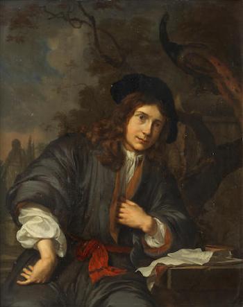Portrait of a young man, three-quarter-length, seated in a garden with a peacock by 
																	Mattheus Wytmans