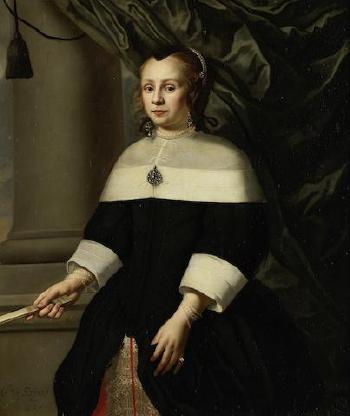 Portrait of a lady, three-quarter-length, in a black dress holding a fan and standing before a column by 
																	Carel van Savoyen