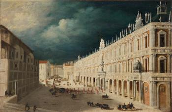 A capriccio view of an Italian piazza with a royal procession by 
																	Francois de Nome