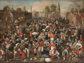 A busy market scene by 
																	Pieter Baltens