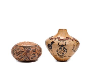 Two Hopi polychrome vessels by 
																	Lawrence Namoki