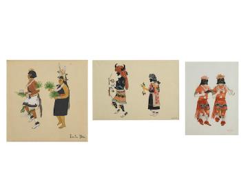 Three Pueblo paintings by 
																	Awa Tsireh