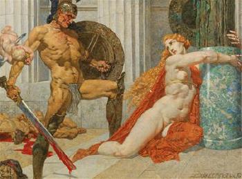 Menelaos findet bei der Zerstörung von Troja die Helena wieder by 
																			Alexander Rothaug