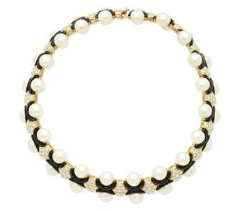 A Cultured Pearl Enamel And Diamond Collar by 
																	Julien Friedler