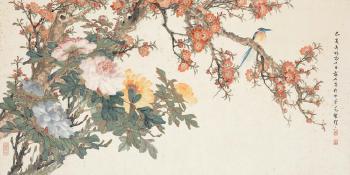 Peonies, Red Prunus, and Kingfisher by 
																	 Zhang Shaoshi