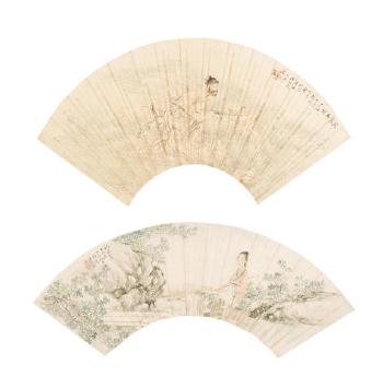 Two folding fan paintings of Figures- Dragon-slayer Zhou Chu;  Beauty Gathering Herbs by 
																	 Cai Tinghuai