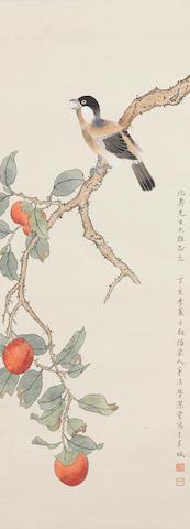Two paintings of Birds and Flowers- Bird on Plum Branch; Roses and Bees by 
																			 Zhou Gongli