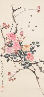 Two paintings of Birds and Flowers- Bird on Plum Branch; Roses and Bees by 
																			 Zhou Gongli