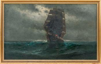 Moonlit Ship Under Full Sail by 
																	Theodor Victor Carl Valenkamph
