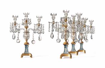 A Set of Four George III Gilt-metal Mounted Wedgwood and Cut-Glass Three-Light Candelabra by 
																	 Parker and Perry