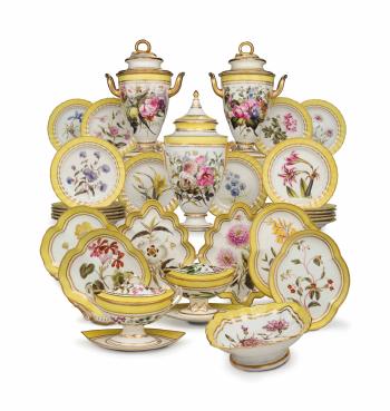 A Derby Porcelain Yellow-Ground Botanical Part Dessert Service by 
																	 Royal Crown Derby Porcelain