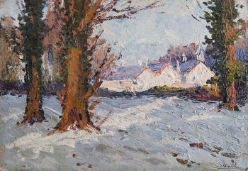 Snowy landscape with buildings; and A wintry wooded lake scene by 
																	Hans Iten