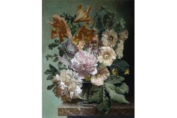Hollyhocks, Peonies and Lilies on a Marble Ledge by 
																			Bennett Oates