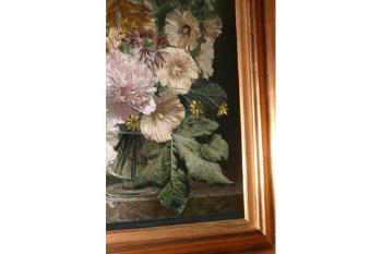 Hollyhocks, Peonies and Lilies on a Marble Ledge by 
																			Bennett Oates