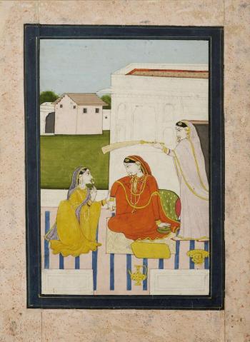 Trois femmes sur une terrasse by 
																	 Pahari School