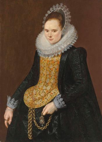Portrait Of a Lady, Three-quarter-length, In a Black Vlieger Brocade Gown, With An Elongated Embroidered Stomacher And Embroidered Mill Ruff, Holding a Chain by 
																	Cornelis van der Voort