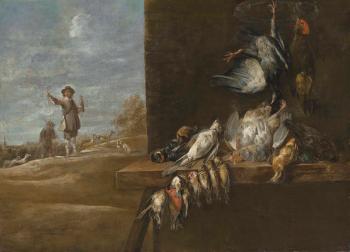 A Table Laden With Game With a Hunting Party Beyond by 
																	Adriaen van Utrecht