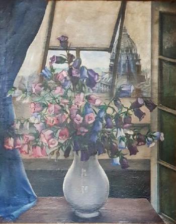 Bouquet de campanules devant une fenêtre ouverte sur Le Val de Grâce by 
																	Olga Vtoroff