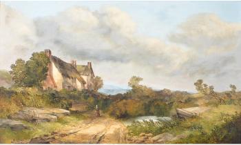Open landscape with that ched cottage by 
																			Henry Jutsum