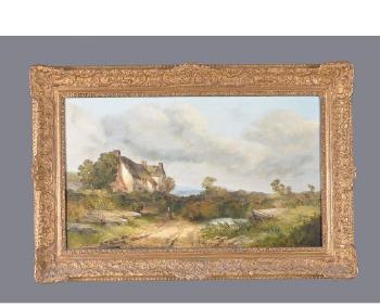 Open landscape with that ched cottage by 
																			Henry Jutsum