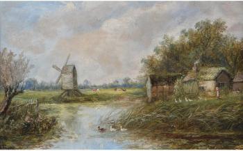 (1) Boating on the river; (2) Windmill by the river by 
																			Joseph Thors