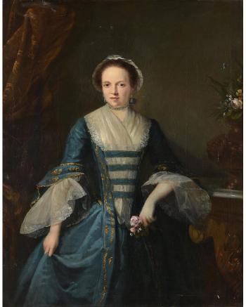 Portrait of a lady in a blue dress, holding a rose by 
																			John Giles Eccardt