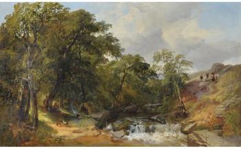 Gypsy encampment by tree lined stream by 
																			Henry Jutsum