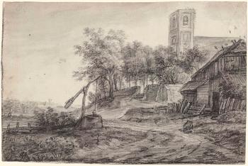 View Of A Village Road With A Well By A Church
 by 
																	Simon de Vlieger