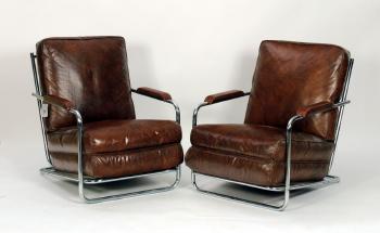 Art Deco pair of armchairs in chrome and leather by 
																			 Art Deco School