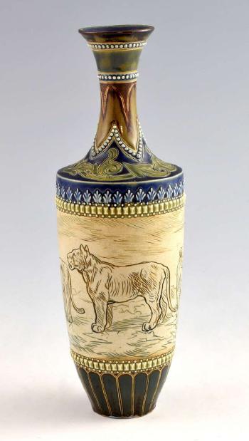 Hannah Barlow, Doulton Lambeth vase decorated with a pride of lions by 
																			Hannah Barlow