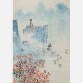 Red autumnal leaves on a mountain in a landscape by 
																			 Ye Lu Mei