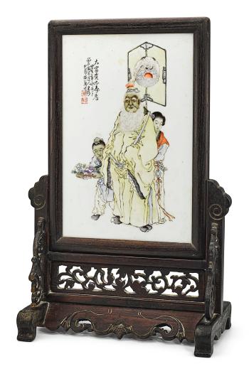 A Famille-Rose Table Screen Signed Wang Qi, Republican Period by 
																	 Wang Qi