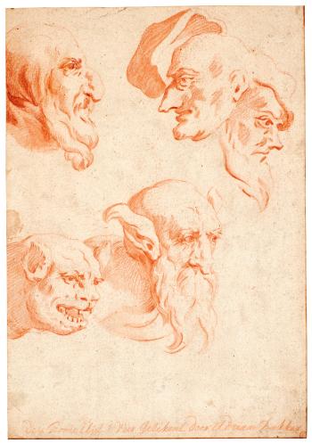 A Sheet of Studies of Heads, Some Grotesque by 
																	Adriaen Backer