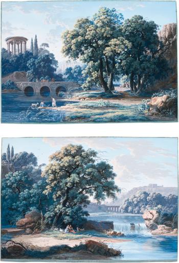 A Pair of Classical Landscapes with Figures Seated by A River by 
																	Louis Bacler d'Albe